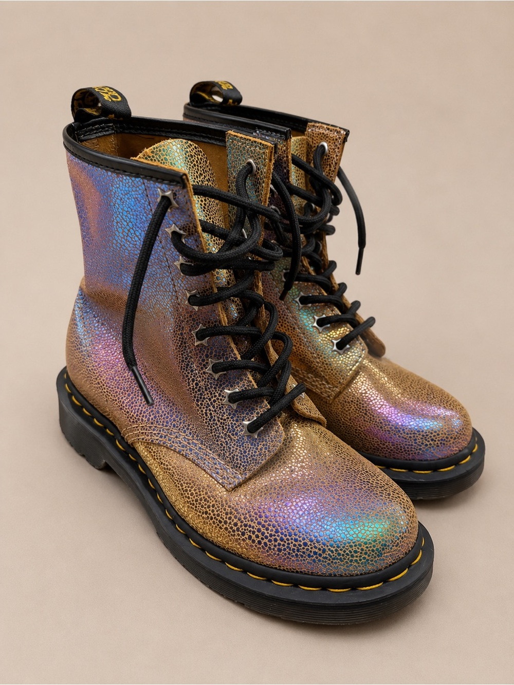 Rare-Dr. Martens 1460 Rainbow Ray Iridescent Suede Boots Sand Gold Star Eyelets